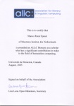 Het ALLC Bursary Award certificaat dat mij uitgereikt werd tijdens de Methods XII conferentie in Moncton, Canada